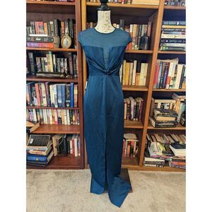 Marciano Sheena gown majolica blue illusion neck deep v satin evening maxi nwt